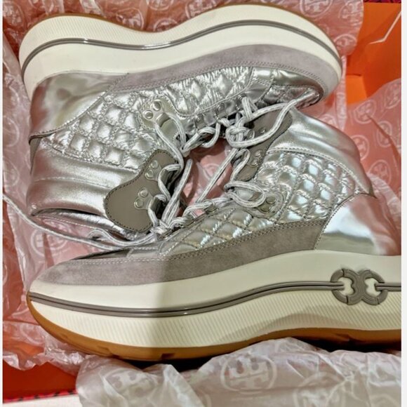 Brand new Tory Burch sz 10 Gemini Link Platform Silver Quilted Nylon Hiking Boot - Picture 3 of 7